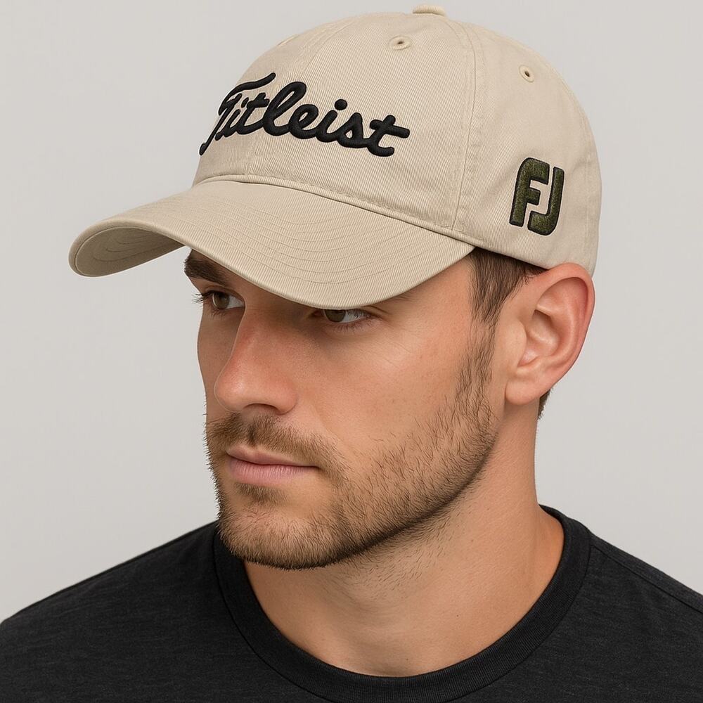 Titleist Golf Hat Cap Beige Embroidered FJ FootJoy Logo Adjustable Strapback...